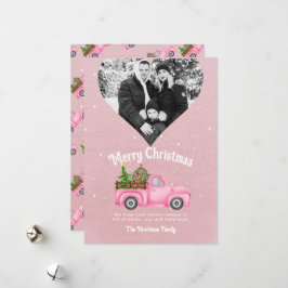 roze rode truck kerstboom hart foto feestdagenkaart