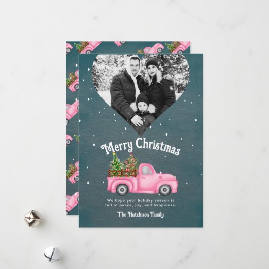  roze rode truck kerstboom hart foto feestdagenkaart (Voorkant / Achterkant in situ)