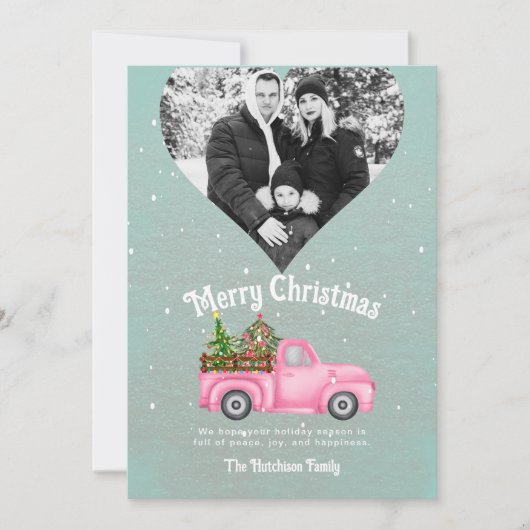  roze rode truck kerstboom hart foto feestdagenkaart (Voorkant)
