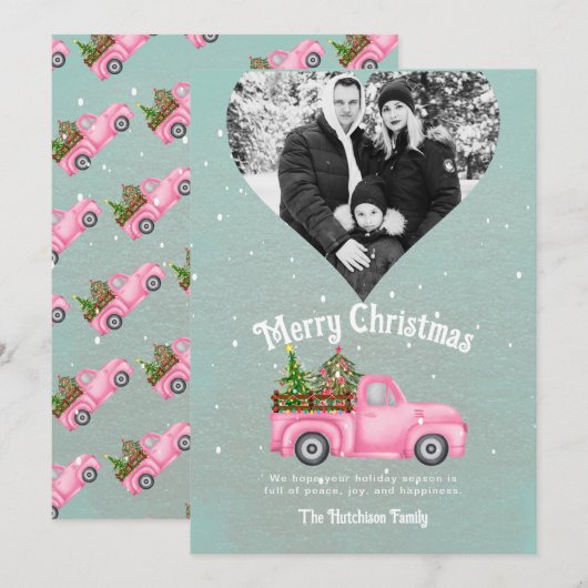  roze rode truck kerstboom hart foto feestdagenkaart (Voorkant / Achterkant)
