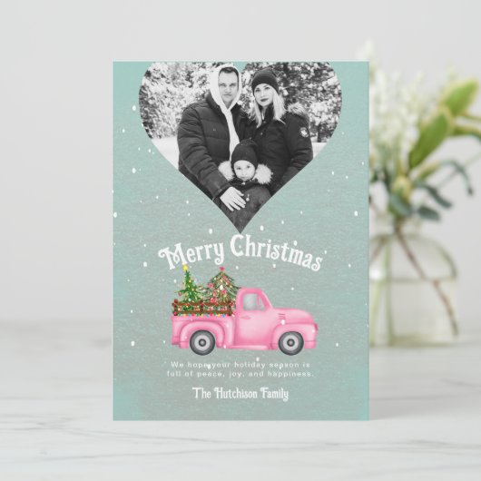  roze rode truck kerstboom hart foto feestdagenkaart (Staand voorkant)