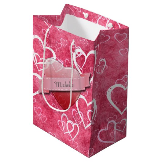 Roze rode Valentijn Gepersonaliseerd Medium Cadeauzakje (Voorkant Gekanteld)