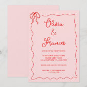 Roze Rode Vintage Bow Wavy Lijst Huwelijksuitnodig Kaart (Voorkant / Achterkant)