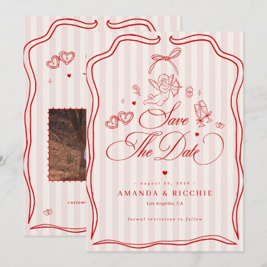 Roze & Rode Vintage Cupido  Save The Date (Voorkant / Achterkant)