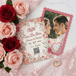 Roze & Rode Vintage Lente Bloem QR-code Foto Save The Date