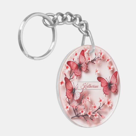 Roze Rode Vlinders Kersenbloesem Sleutelhanger (Voorkant Links)