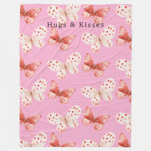Roze Rode Vlinders Knuffels Kusjes Fleece Deken (Voorkant)