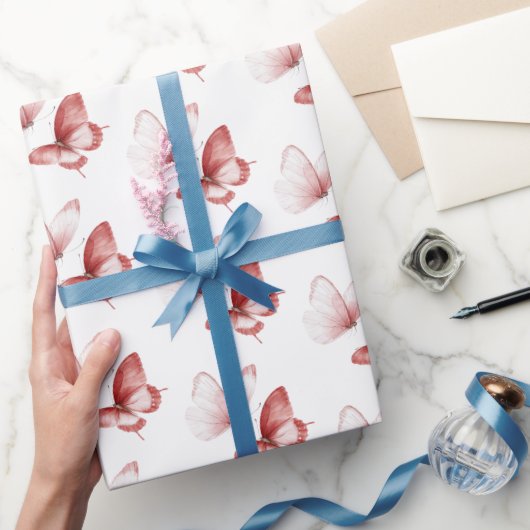 Roze Rode Vlinders Verjaardag Cadeaupapier (Geschenken)