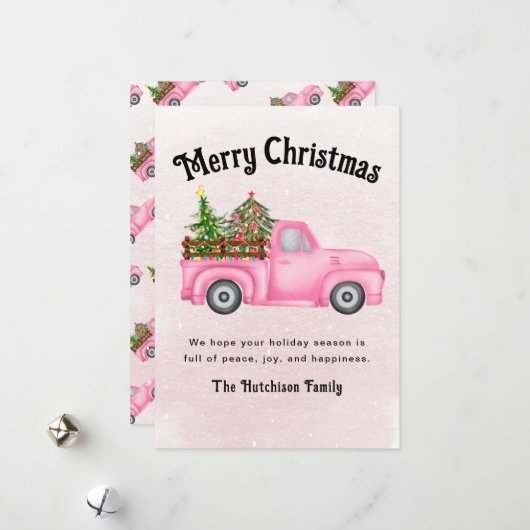  roze rode vrachtwagen kerstboom Merry Feestdagenkaart (Voorkant / Achterkant in situ)