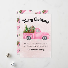 roze rode vrachtwagen kerstboom Merry Feestdagenkaart