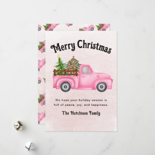 roze rode vrachtwagen kerstboom Merry Feestdagenkaart