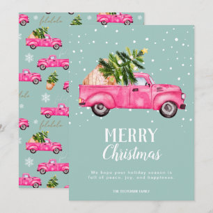  roze rode vrachtwagen kerstboom Merry Feestdagenkaart