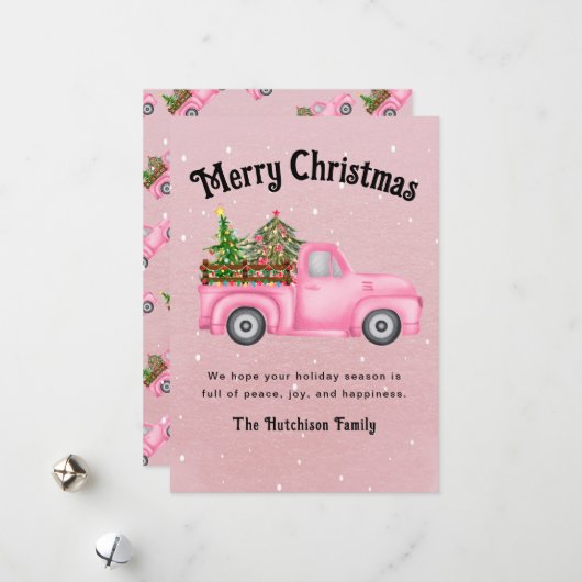 roze rode vrachtwagen kerstboom Merry Feestdagenkaart (Voorkant / Achterkant in situ)