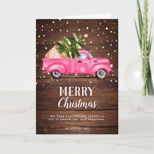 roze rode vrachtwagen kerstboomfoto feestdagen kaart (Voorkant)