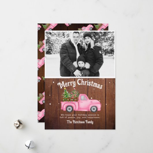  roze rode vrachtwagen kerstboomfoto feestdagenkaart (Voorkant / Achterkant in situ)