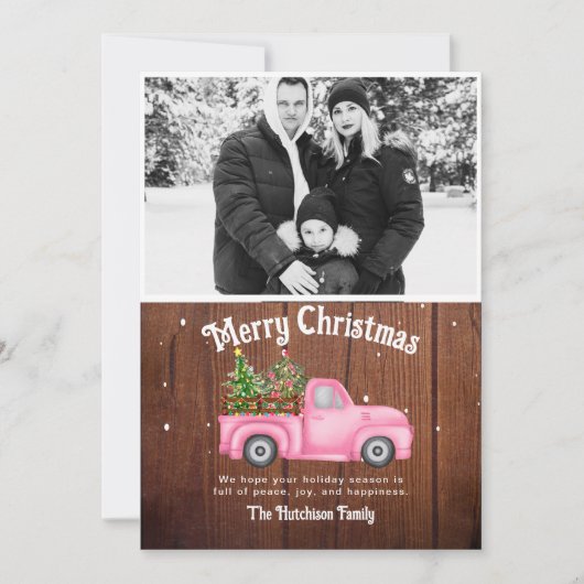  roze rode vrachtwagen kerstboomfoto feestdagenkaart (Voorkant)
