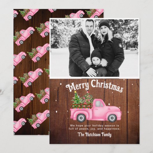  roze rode vrachtwagen kerstboomfoto feestdagenkaart (Voorkant / Achterkant)