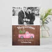  roze rode vrachtwagen kerstboomfoto feestdagenkaart (Staand voorkant)