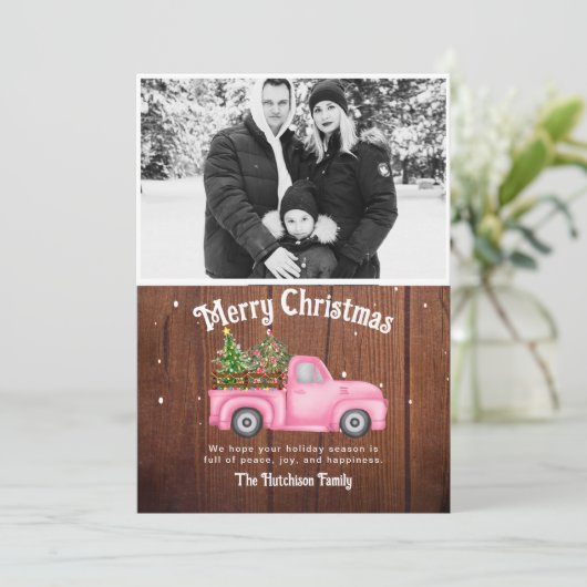  roze rode vrachtwagen kerstboomfoto feestdagenkaart (Staand voorkant)