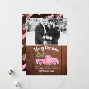 roze rode vrachtwagen kerstboomfoto feestdagenkaart