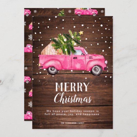  roze rode vrachtwagen kerstboomhout feestdagenkaart (Voorkant / Achterkant)