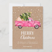  roze rode vrachtwagen kerstboomkraft Merry Feestdagenkaart (Voorkant)