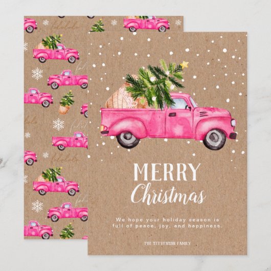  roze rode vrachtwagen kerstboomkraft Merry Feestdagenkaart (Voorkant / Achterkant)