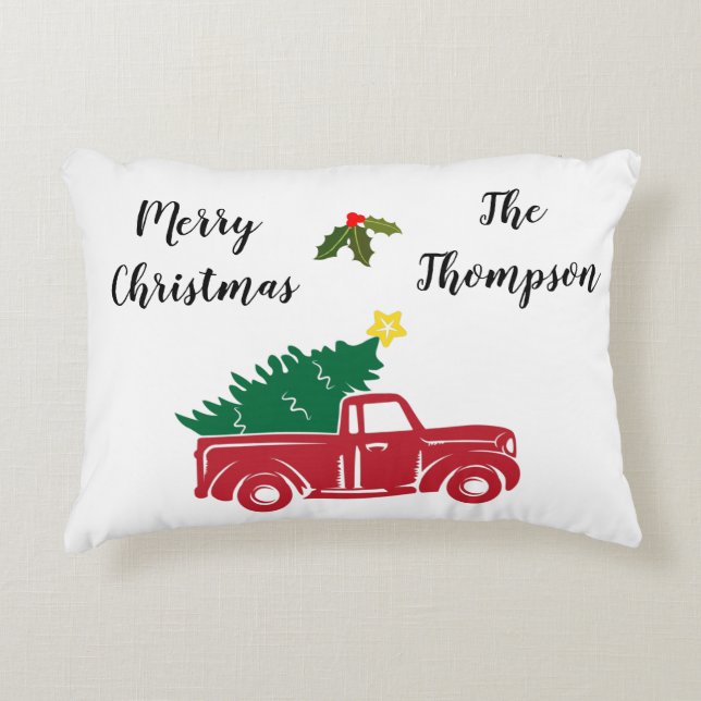 Roze rode vrachtwagen met familienaam accent kussen (Voorkant)