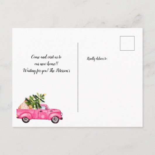  roze rode vrachtwagen met kerstboom aankondigingskaart (Achterkant)