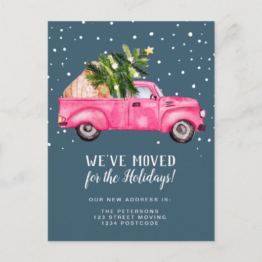  roze rode vrachtwagen met kerstboom aankondigingskaart (Voorkant)