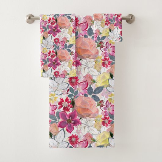 Roze, rode waterverf bloemen. bad handdoek (Insitu)