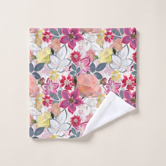 Roze, rode waterverf bloemen. bad handdoek (Wasdoekje)
