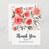 Roze Rode Waterverf Bloemen Rozen Dank u Briefkaart (Voorkant / Achterkant)