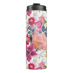 Roze, rode waterverf bloemen. thermosbeker