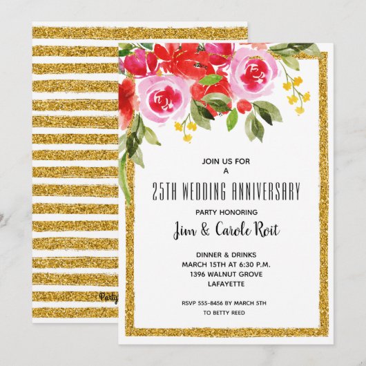 Roze rode Waterverf Floral Jubileum nodigt uit (Voorkant / Achterkant)