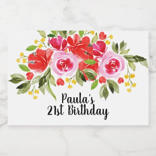 Roze Rode Waterverf Floral Mini Sparkling Wijnetiket (Enkel label)