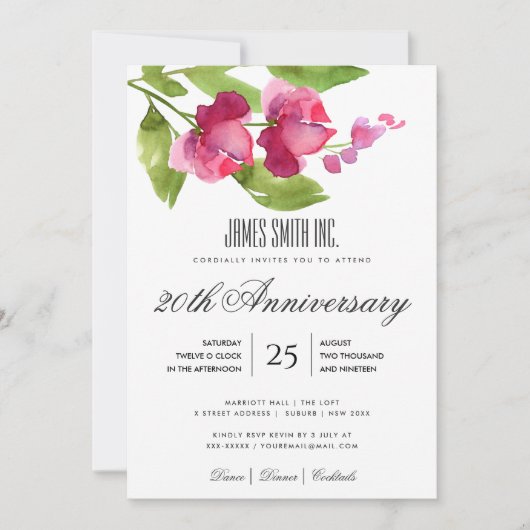 ROZE RODE WATERVERF FLORALE ZAKELIJKE FEEST EVENT KAART (Voorkant)