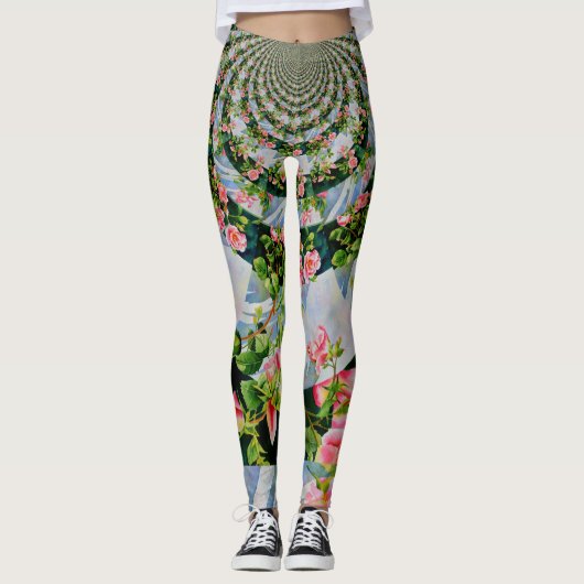 Roze rode waterverf rozen mandala zen botanisch leggings (Voorkant)