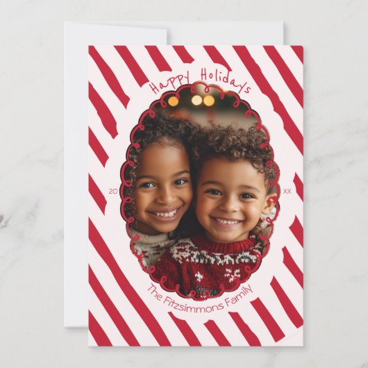 Roze & Rode Whimsical Gestreepte Vakantiefoto Feestdagenkaart (Voorkant)