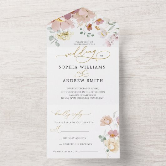 Roze & Rode Wildbloemen Bruiloft All In One Uitnodiging (Binnen)