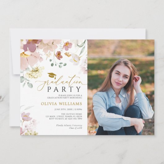 Roze & Rode Wildbloemen Fotoafstudeerfeest Kaart (Voorkant)