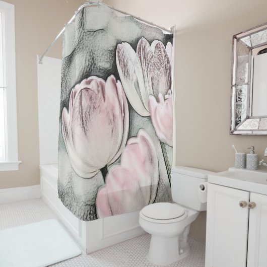 Roze rode, witte Tulpen tekening Douchegordijn (In situ)