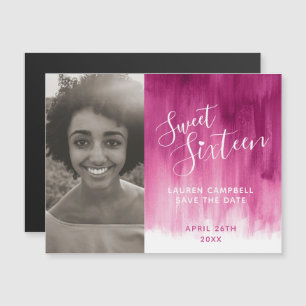 Roze rode, zoete zestien foto, sla de datum op magnetische uitnodiging