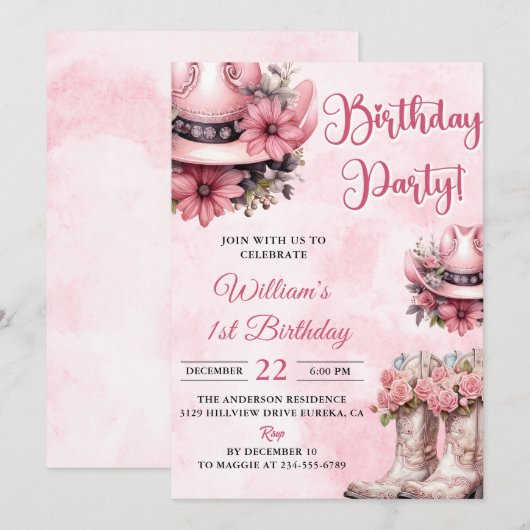 Roze Rodeo Western Cowgirl Verjaardagsfeest Kaart (Voorkant / Achterkant)