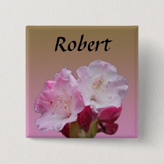 roze rododendron bloemen naam knop vierkante button 5,1 cm (Voorkant)