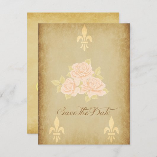 roze roemeense rozen met golden fleurdelis aankondigingskaart (Voorkant / Achterkant)