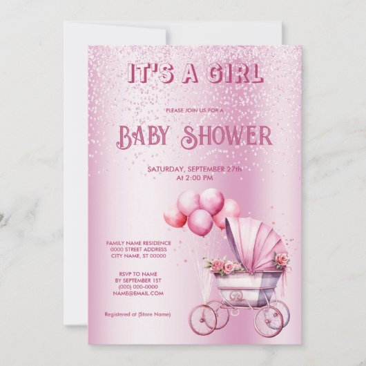 Roze rol Baby shower Uitnodiging (Voorkant)