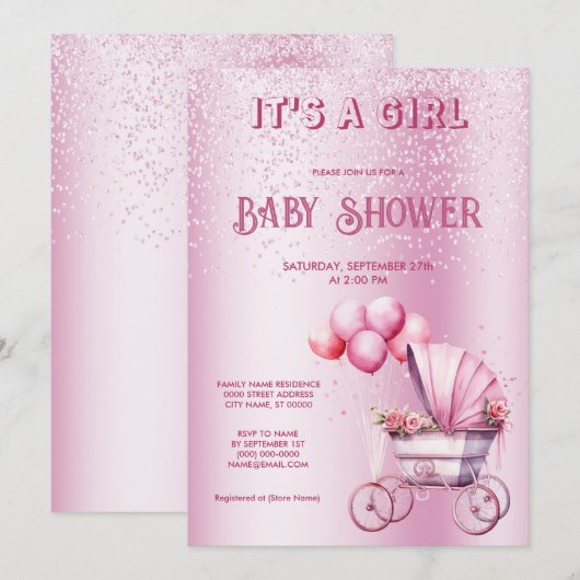 Roze rol Baby shower Uitnodiging (Voorkant / Achterkant)