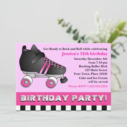 Roze Roller Schaats Birthday Party Kaart (Staand voorkant)