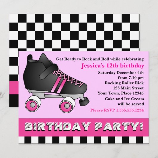 Roze Roller Schaats Birthday Party Kaart (Voorkant / Achterkant)